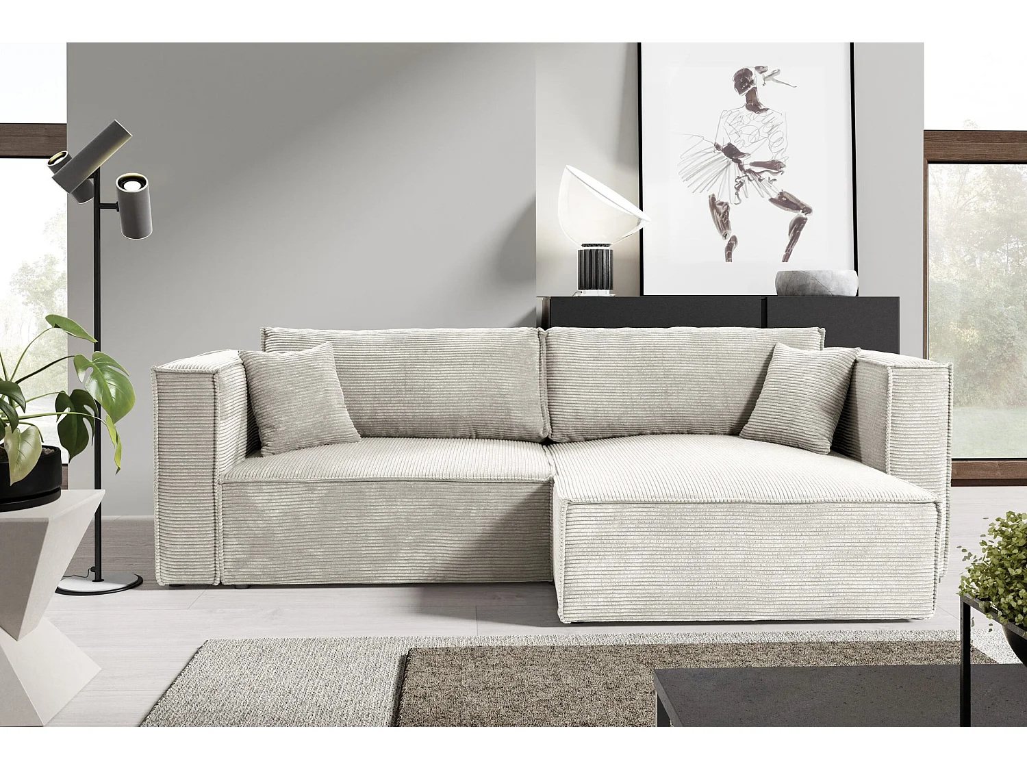 Canapé d'angle convertible en velours côtelé KEYMON Beige