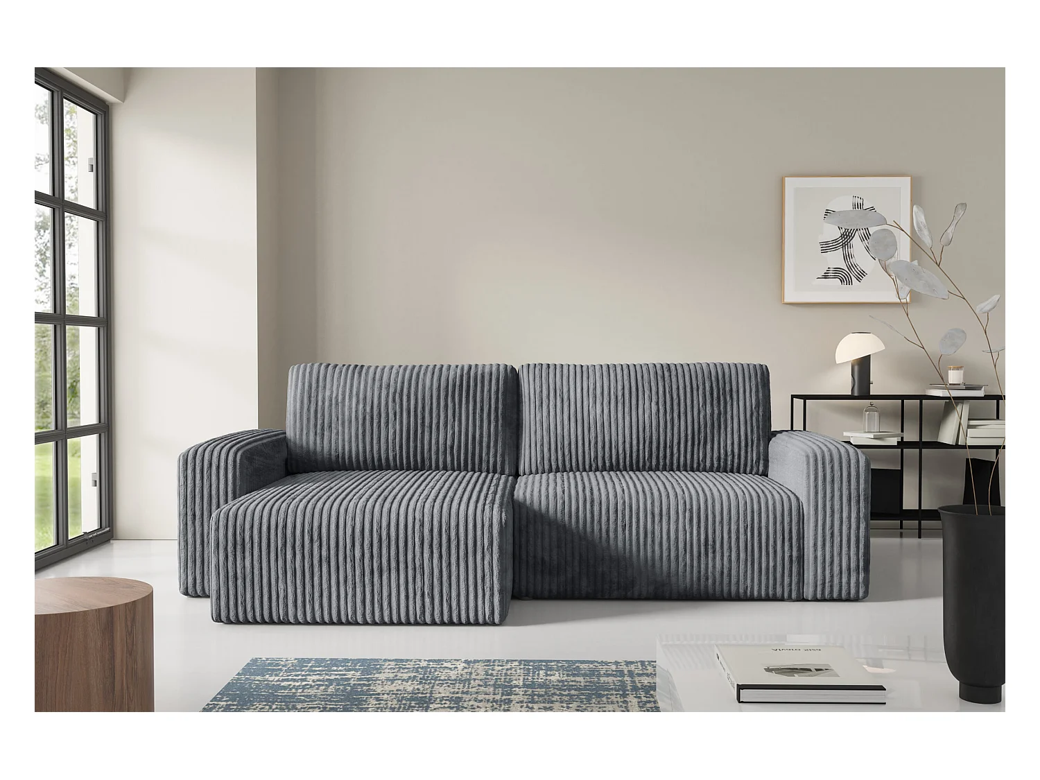 Hoekbankbed in ribfluweel FANO Grijs