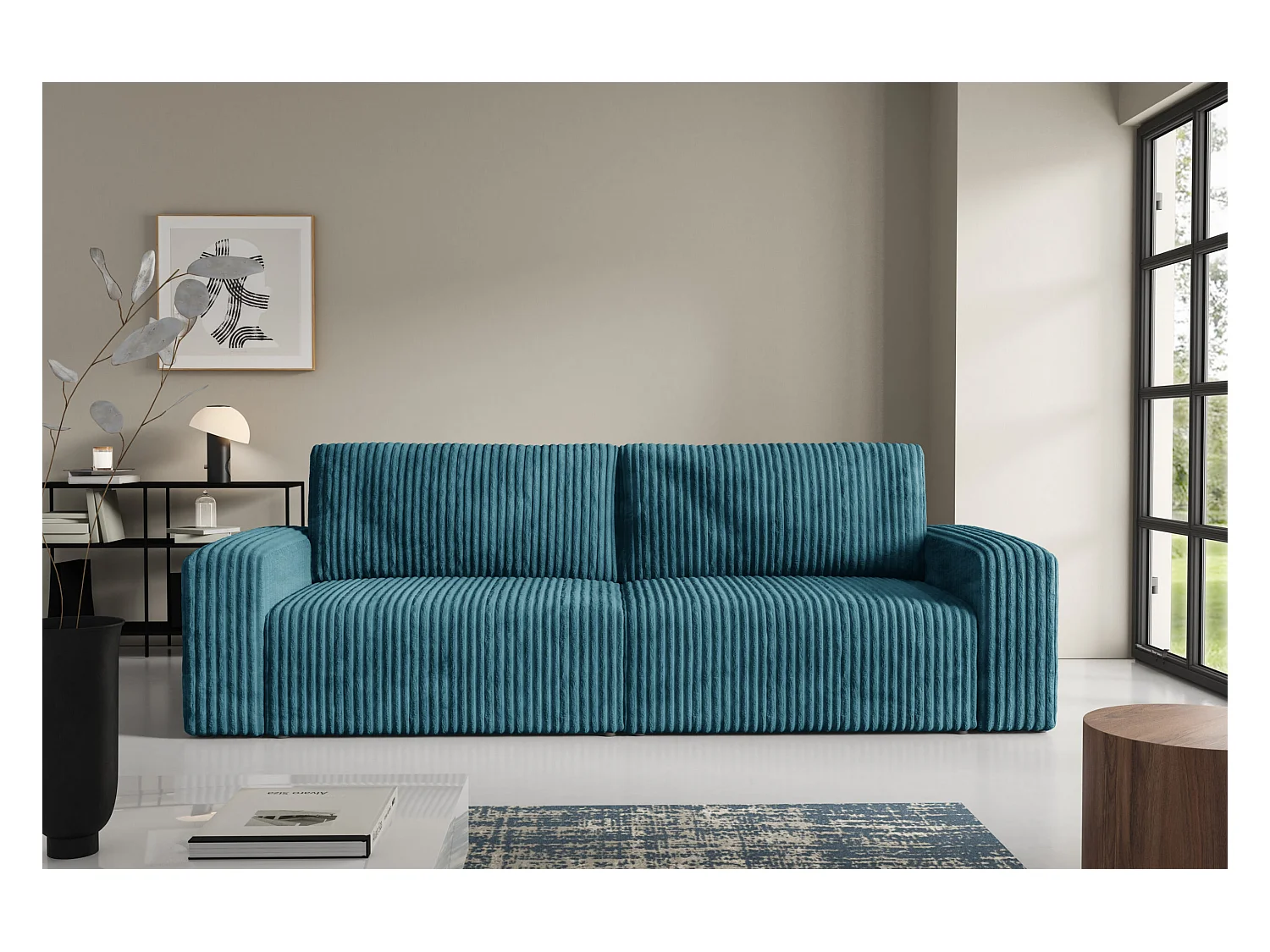 Slaapbank 4-zits in geribde fluweel FANO Turquoiseblauw