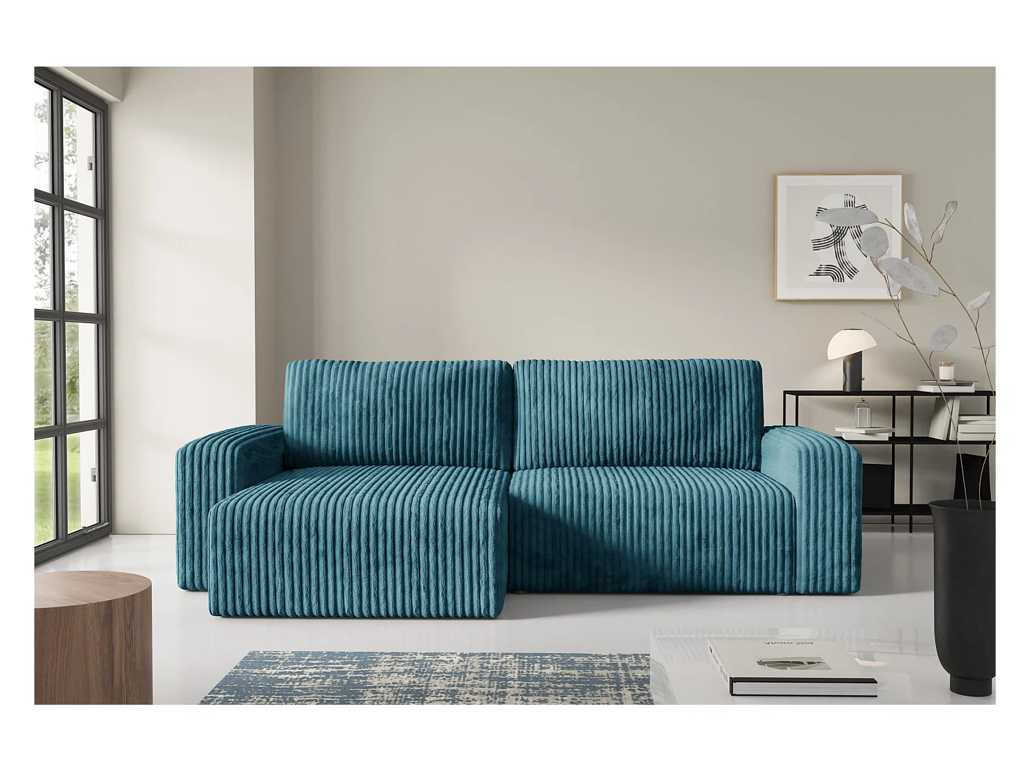 Hoekbankbed in ribfluweel FANO Turquoise