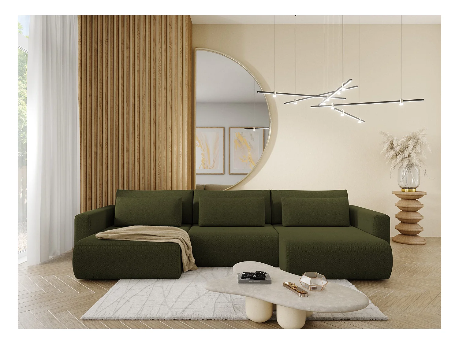Canapé d'angle convertible 5 places WELLY U Vert olive