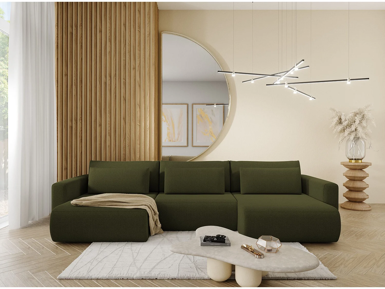 Canapé d'angle convertible 5 places WELLY U Vert olive