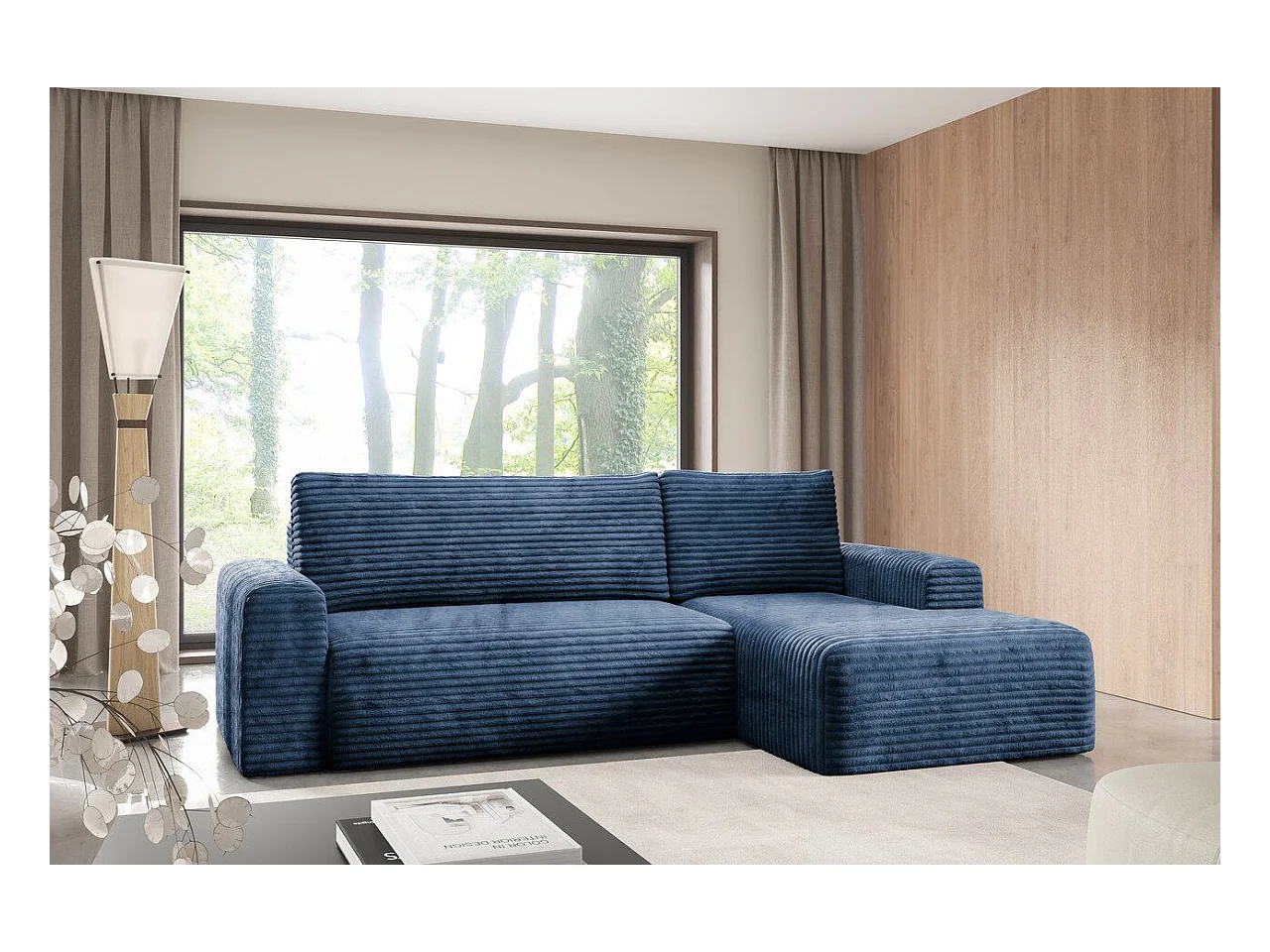 Hoekbankbed in geribde fluweel SONTII Blauw
