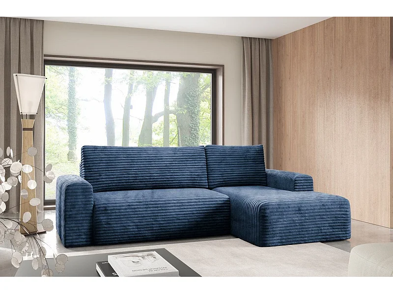 Hoekbankbed in geribde fluweel SONTII Blauw