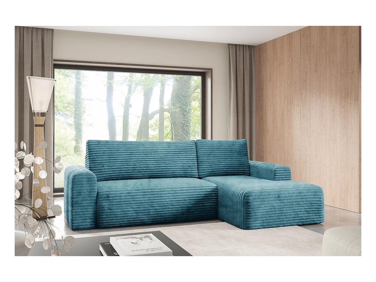 Hoekbankbed in geribde fluweel SONTII Turquoise