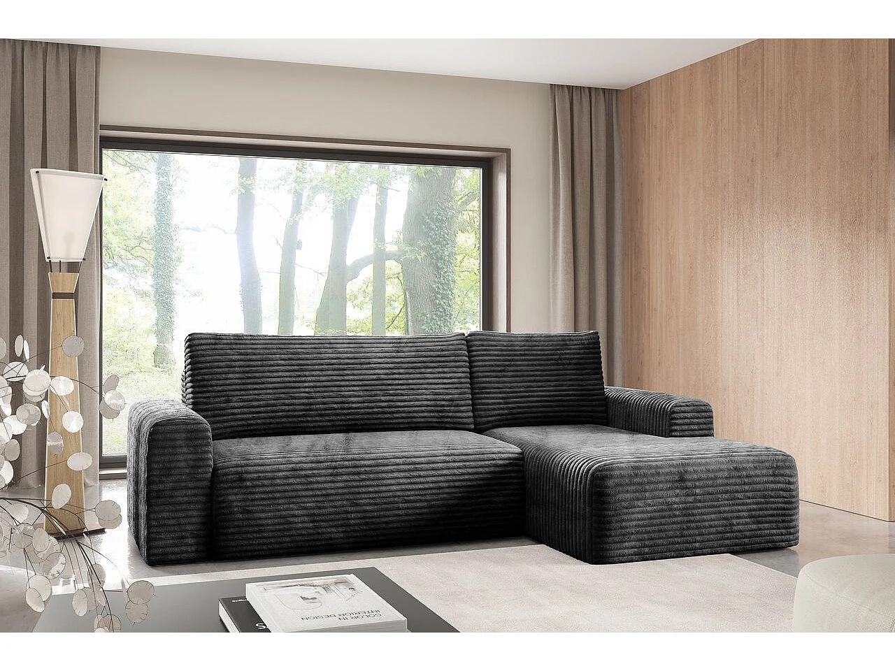 Canapé d'angle convertible en velours côtelé SONTII Noir