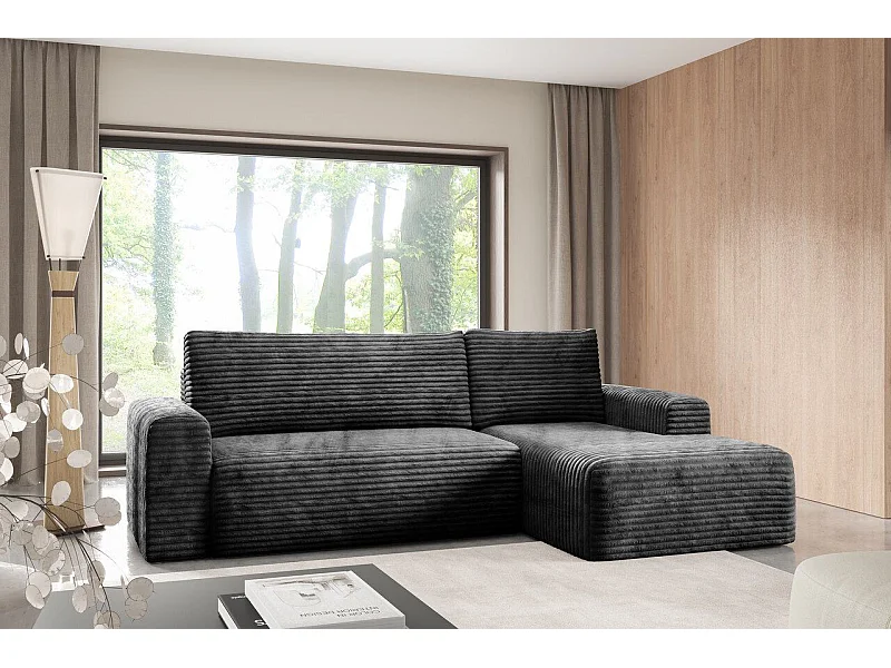 Hoekbankbed in geribde fluweel SONTII Zwart