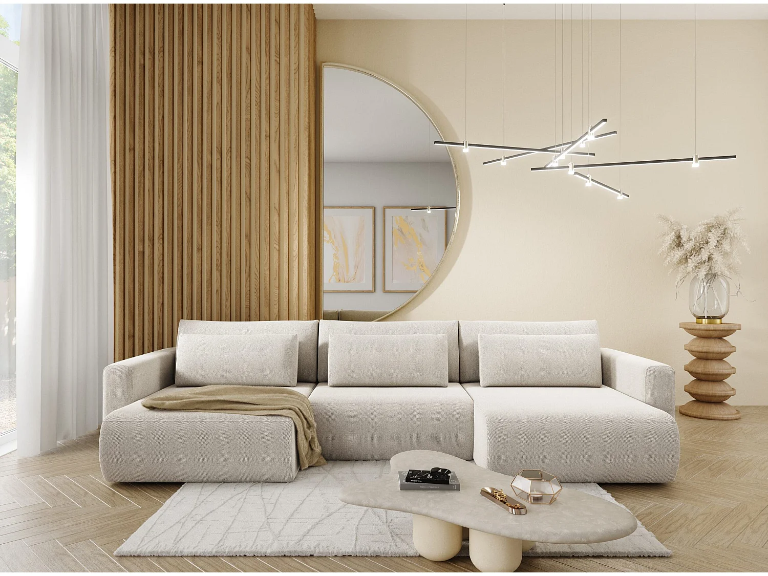 Canapé d'angle convertible 5 places WELLY U Gris clair