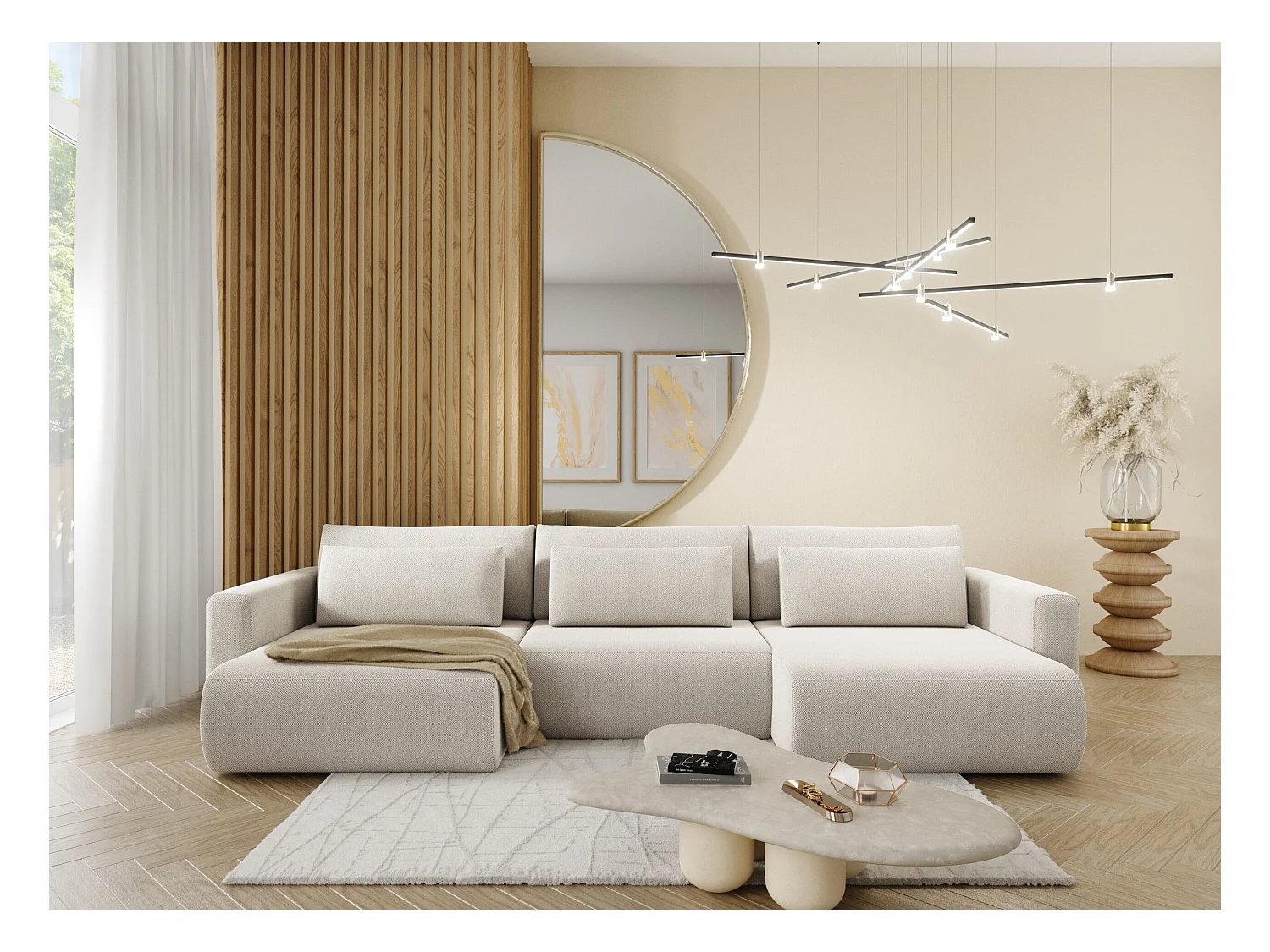 Canapé d'angle convertible 5 places WELLY U Gris clair