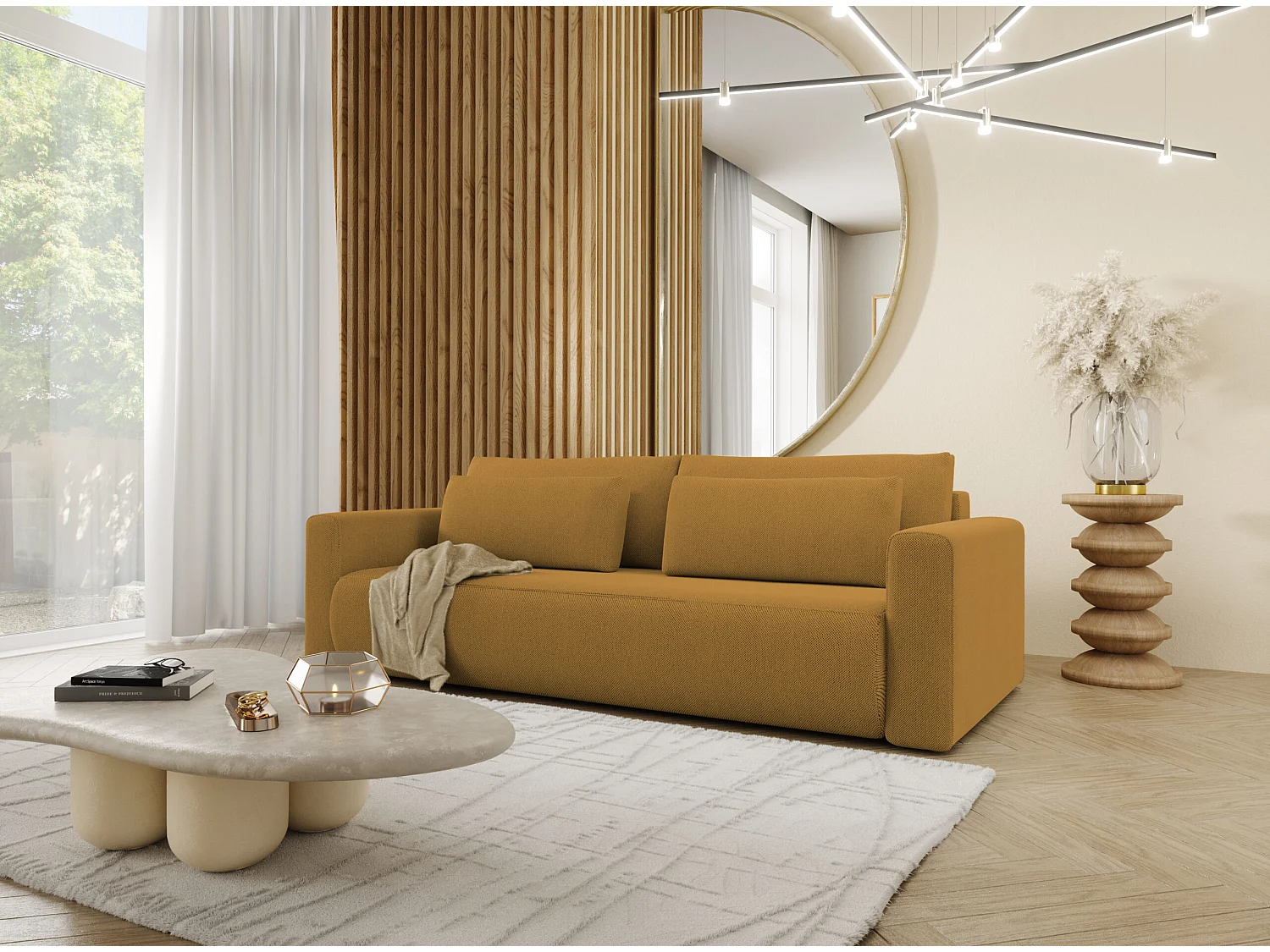 Schlafsofa 4-Sitzer WELLY Beige mit Stauraum und Hydrophobem Stoff