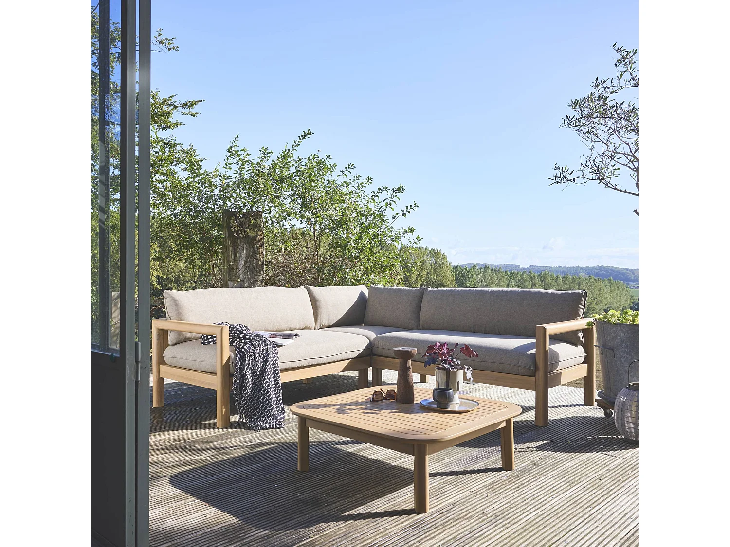 Conjunto de jardín de esquina de madera de acacia, 5 personas beige