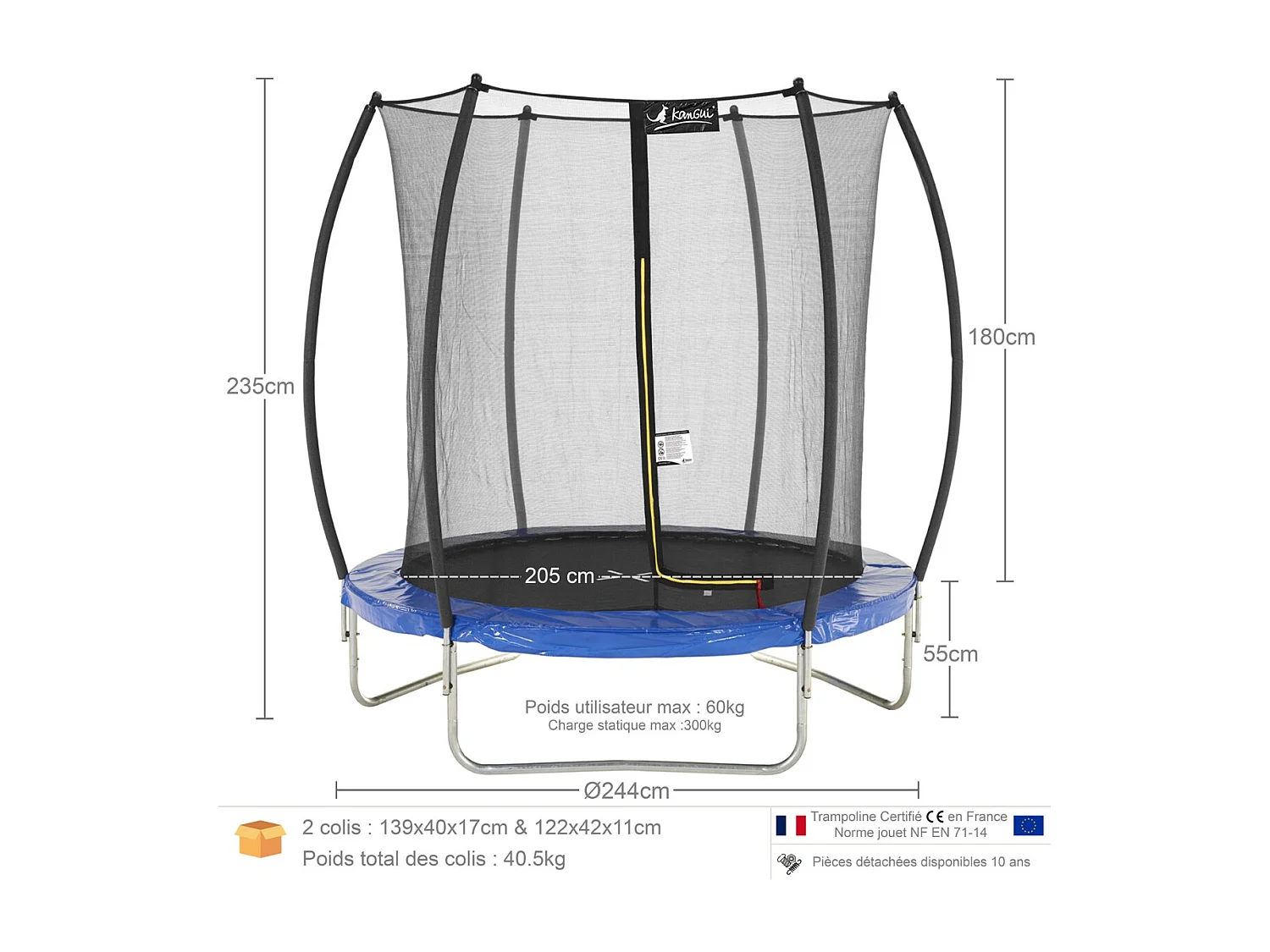 Kangui - Trampoline rond Ø250cm avec filet de sécurité intérieur- Bleu-  FPR 250