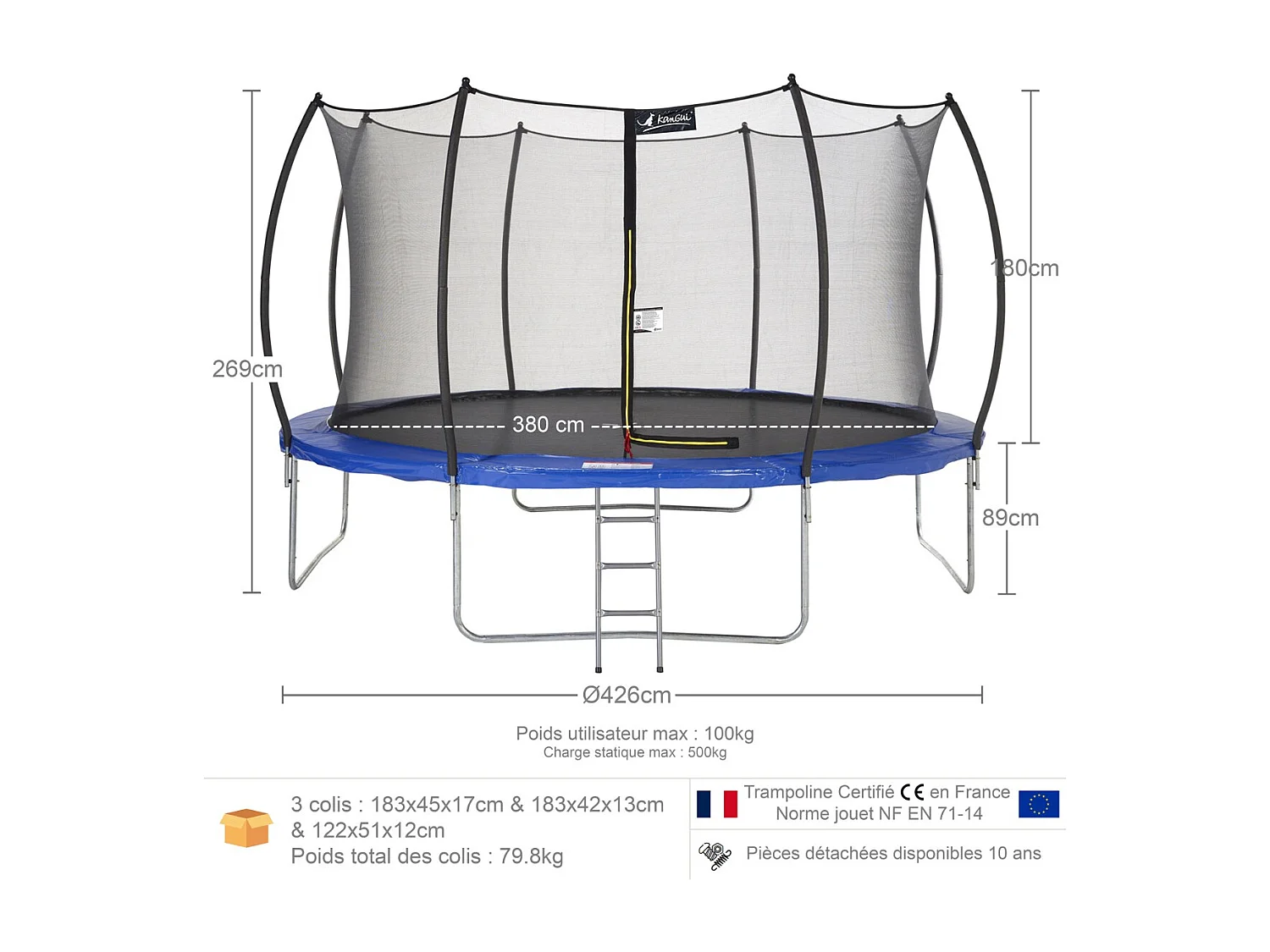 Kangui - Trampoline rond Ø430cm avec filet de sécurité et échelle - Bleu -  FPR 430