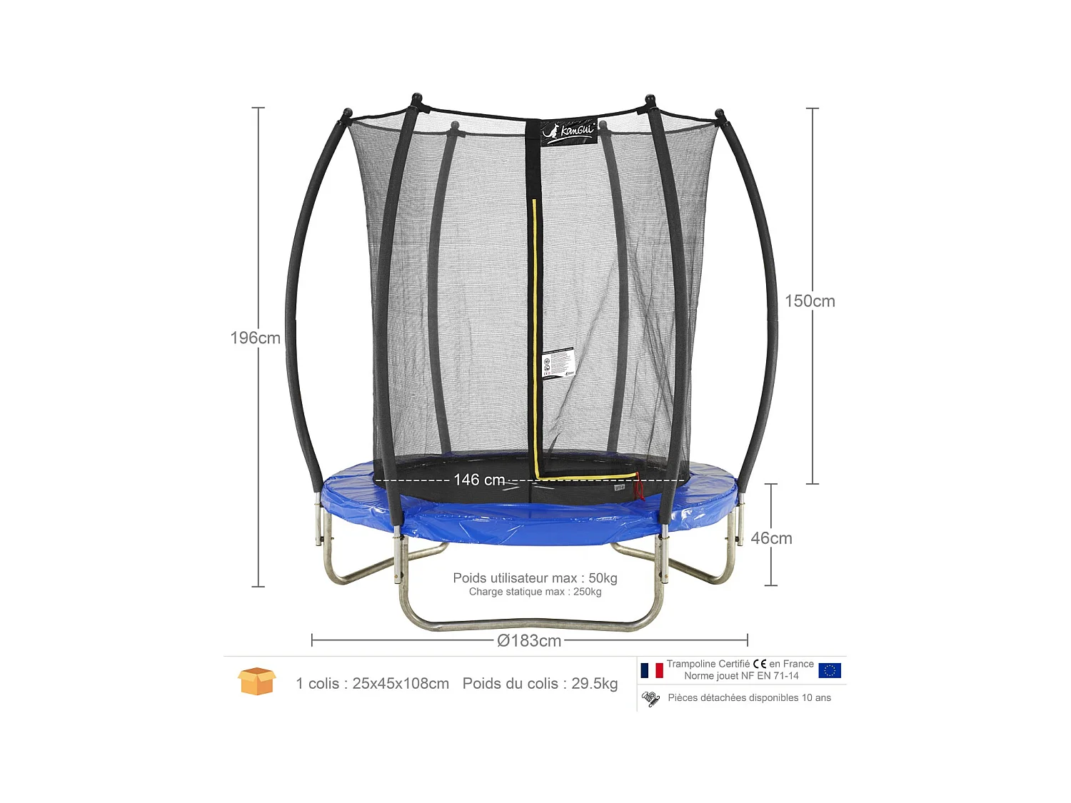 Kangui - Trampoline de jardin rond Ø180cm avec filet de sécurité intérieur- Bleu -  FPR 180