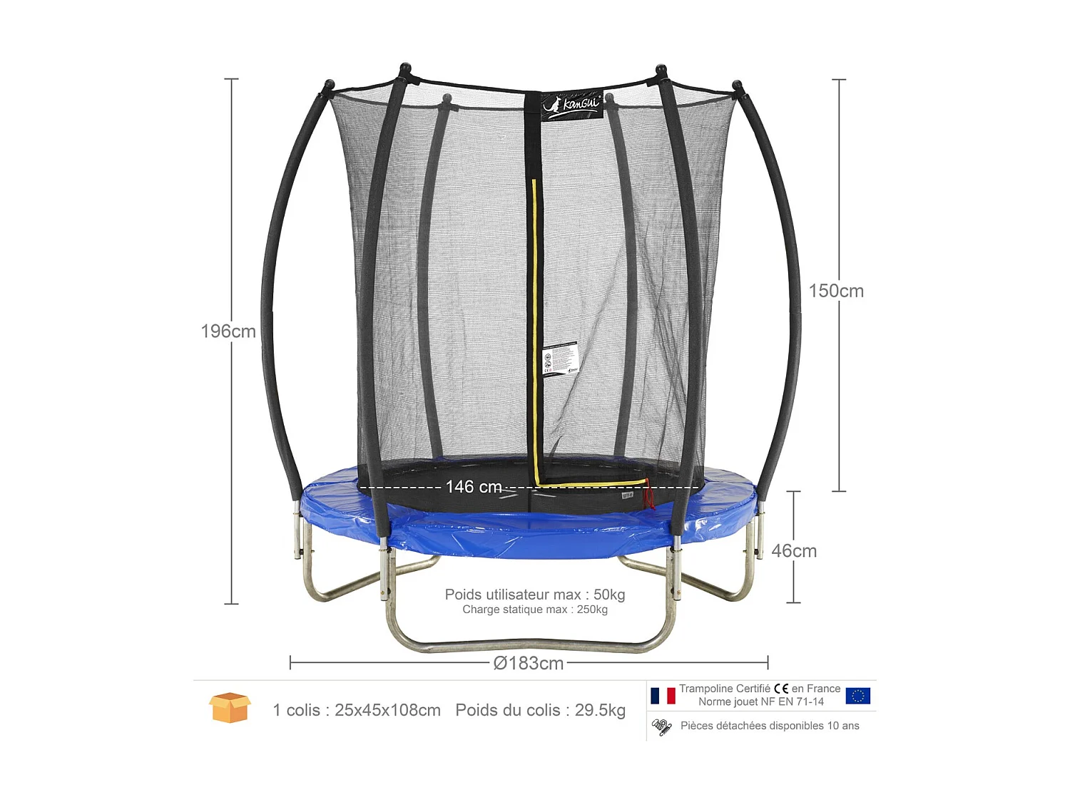 Kangui - Trampoline de jardin rond Ø180cm avec filet de sécurité intérieur- Bleu -  FPR 180