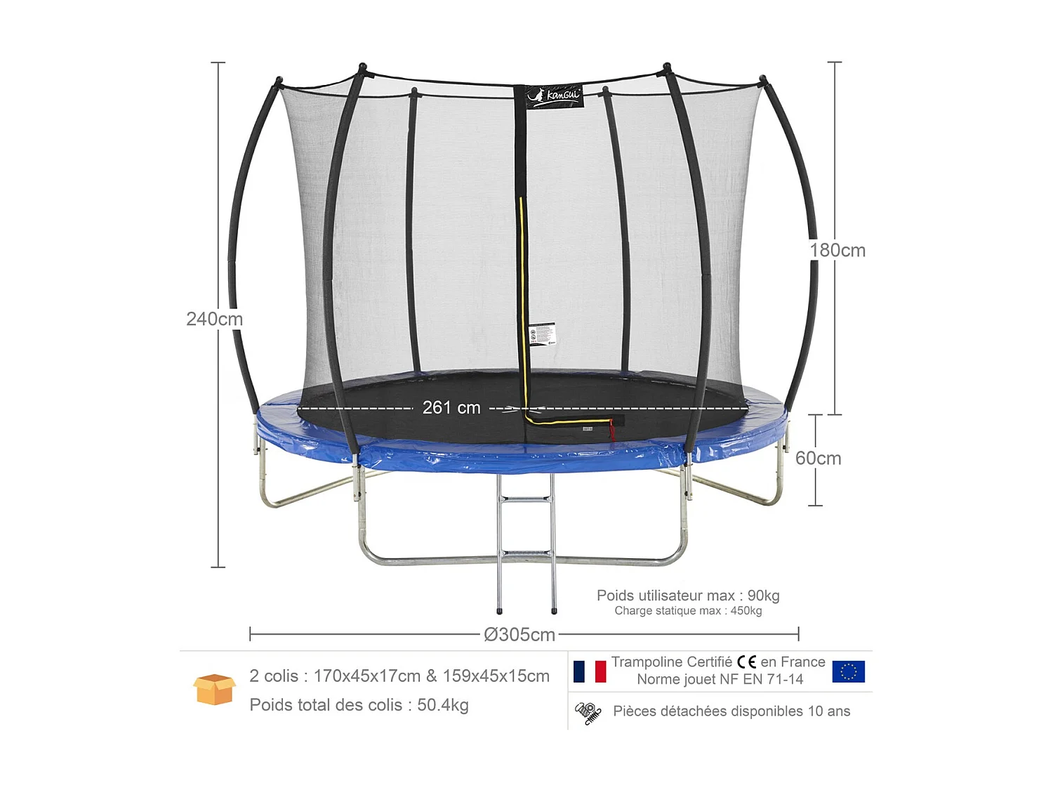 Kangui - Trampoline rond Ø300cm avec filet de sécurité et échelle - Bleu - FPR 300