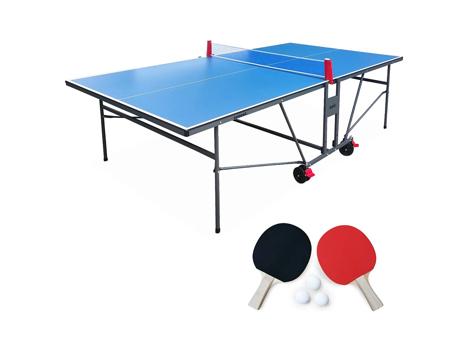 Table de ping pong INDOOR bleue - table pliable avec 2 raquettes et 3 balles. pour utilisation intérieure. sport tennis de table