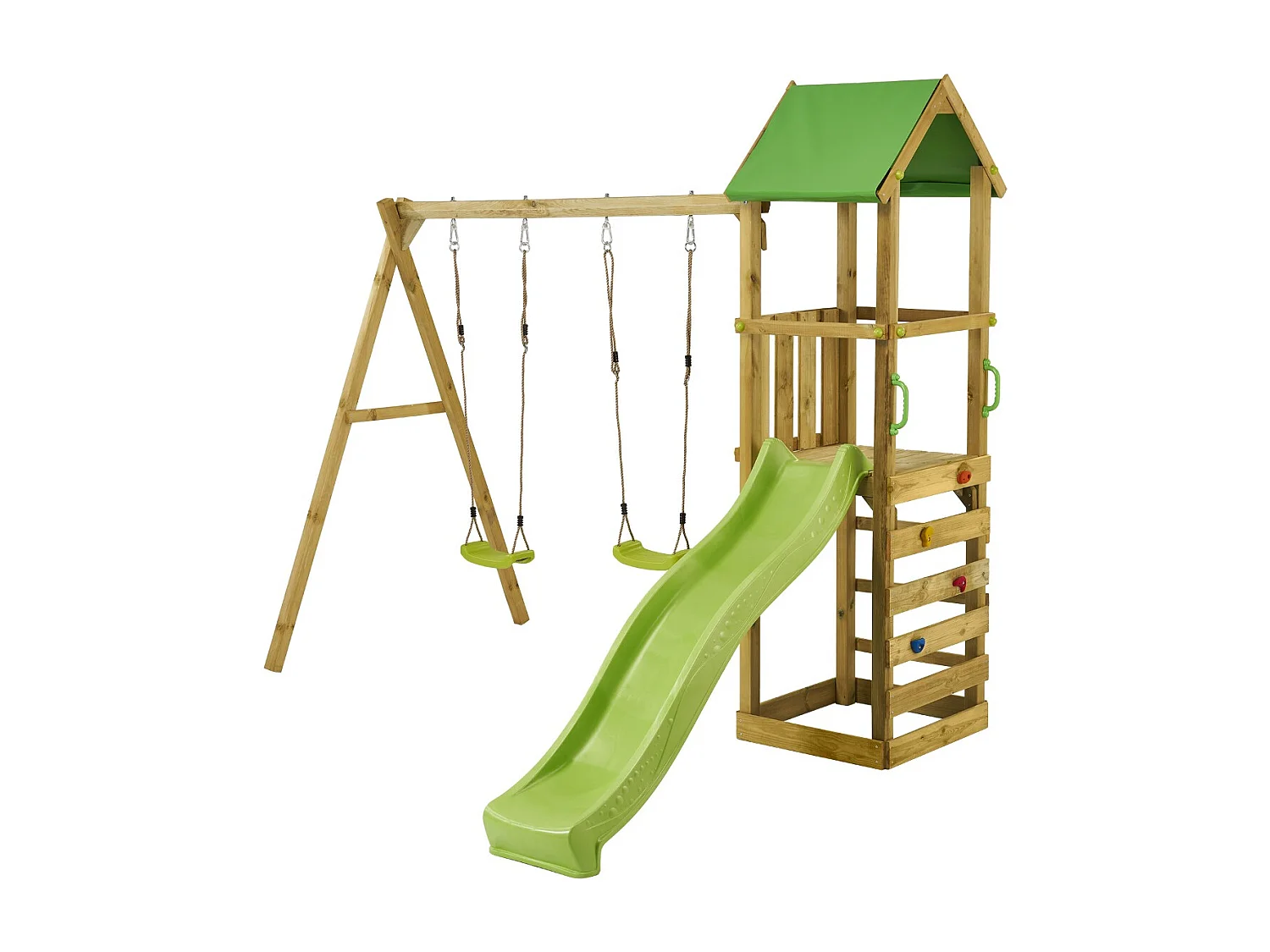 Kangui - Tour et portique bois enfant WALLI - Toboggan, balançoires, escalade et cabane