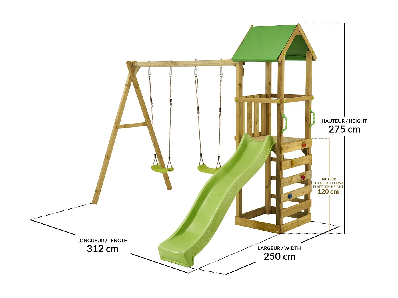 Kangui - Tour et portique bois enfant WALLI - Toboggan, balançoires, escalade et cabane