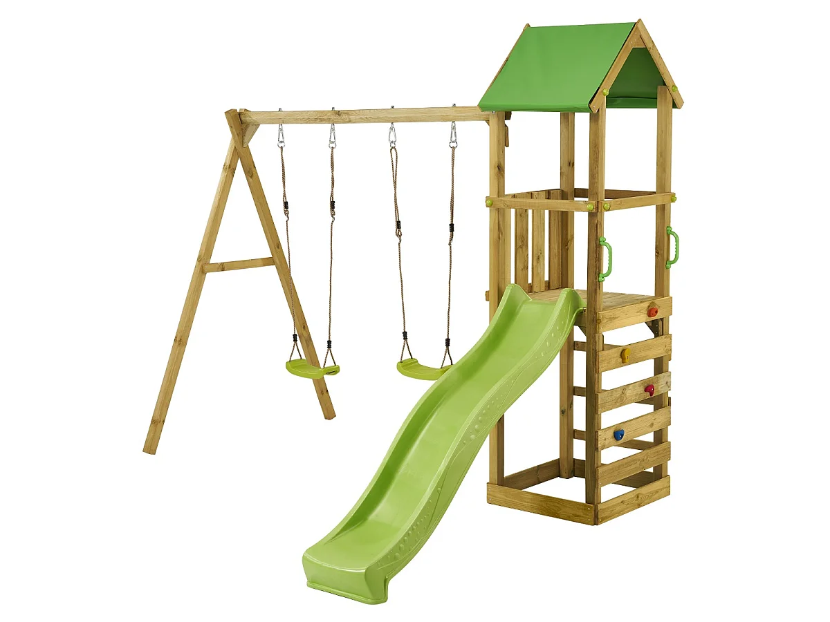Kangui - Aire de jeux bois enfant WALLI 120 - Toboggan, balançoires, escalade et cabane