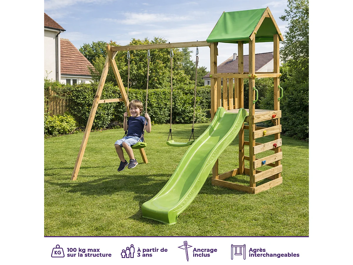 Kangui - Aire de jeux bois enfant WALLI 120 - Toboggan, balançoires, escalade et cabane