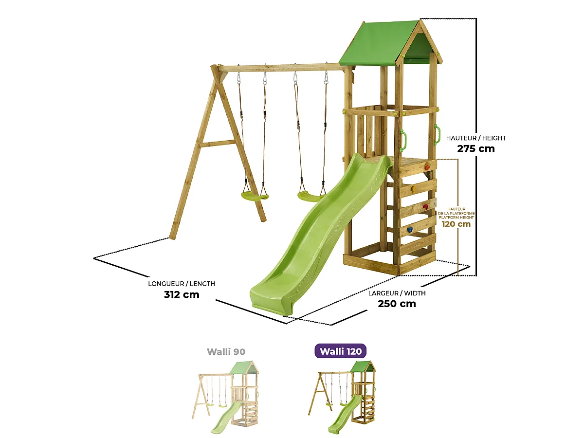 Kangui - Aire de jeux bois enfant WALLI 120 - Toboggan, balançoires, escalade et cabane