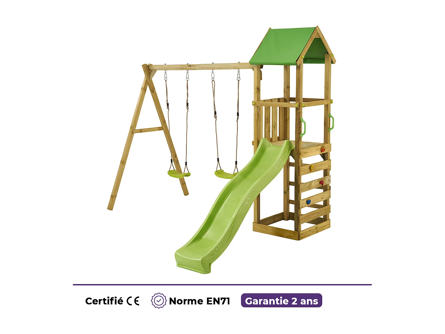 KANGUI Aire de jeux bois enfant WALLI 120 - Toboggan, balançoires, escalade et cabane