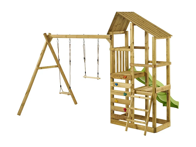 Kangui - Tour de jeux en bois avec double plateformes WOUPI - Balançoire, trapèze, mur d'escalade et cabane