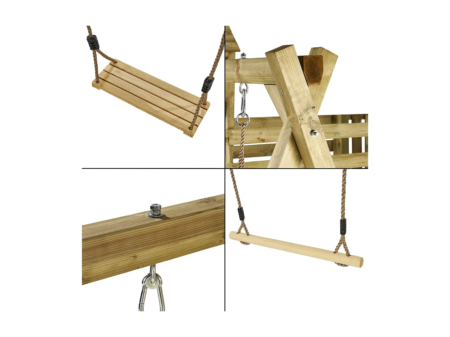 Kangui - Tour de jeux en bois avec double plateformes WOUPI - Balançoire, trapèze, mur d'escalade et cabane