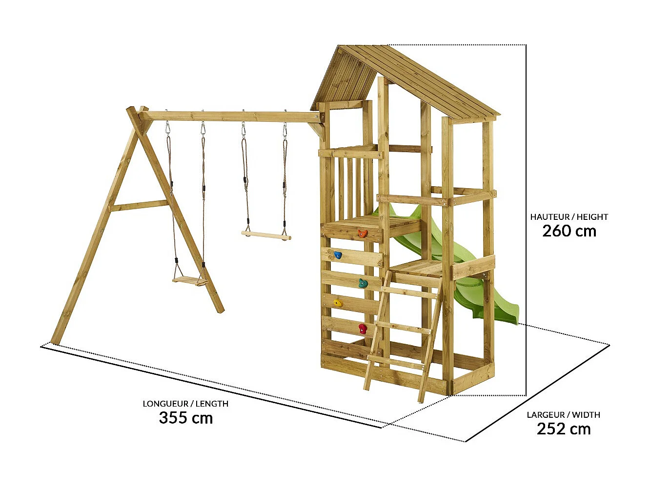 Kangui - Tour de jeux en bois avec double plateformes WOUPI - Balançoire, trapèze, mur d'escalade et cabane