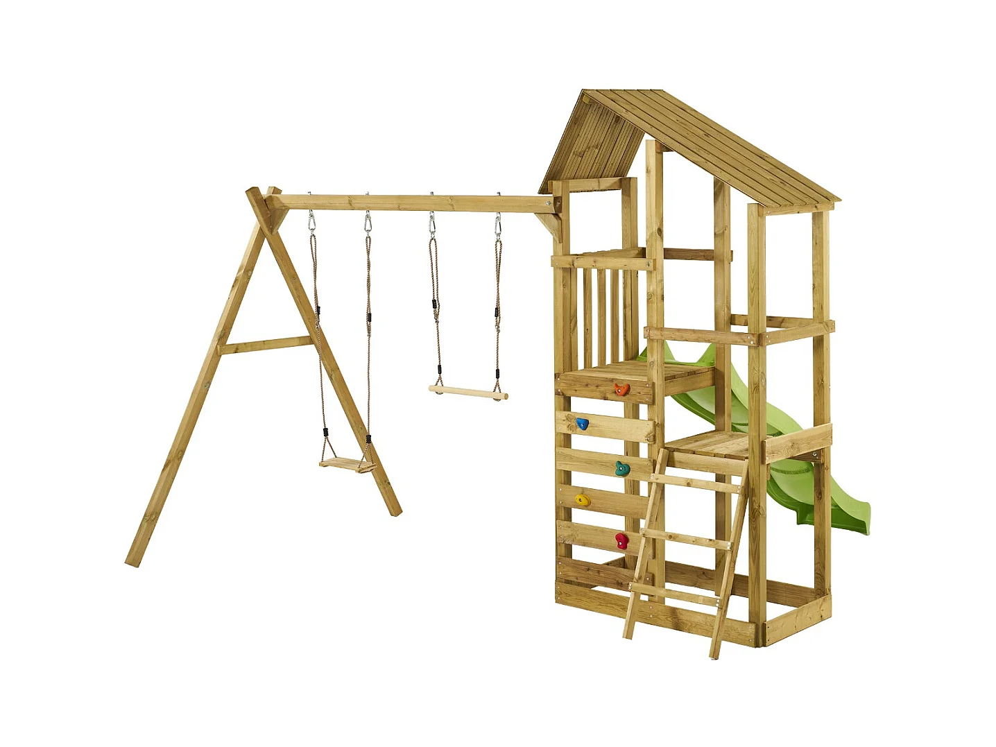 Kangui - Tour de jeux en bois avec double plateformes WOUPI - Balançoire, trapèze, mur d'escalade et cabane