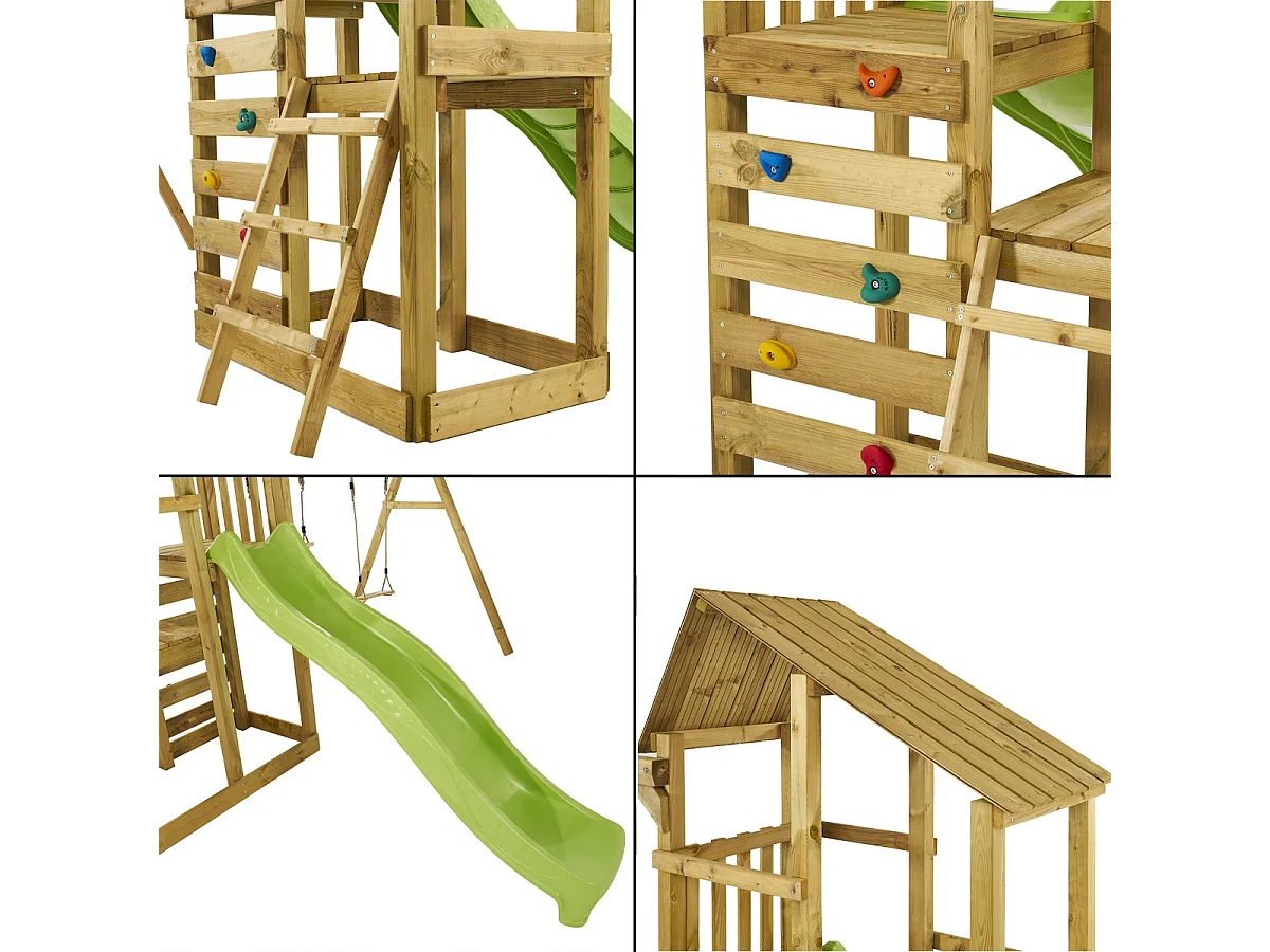 Kangui - Tour de jeux en bois avec double plateformes WOUPI - Balançoire, trapèze, mur d'escalade et cabane