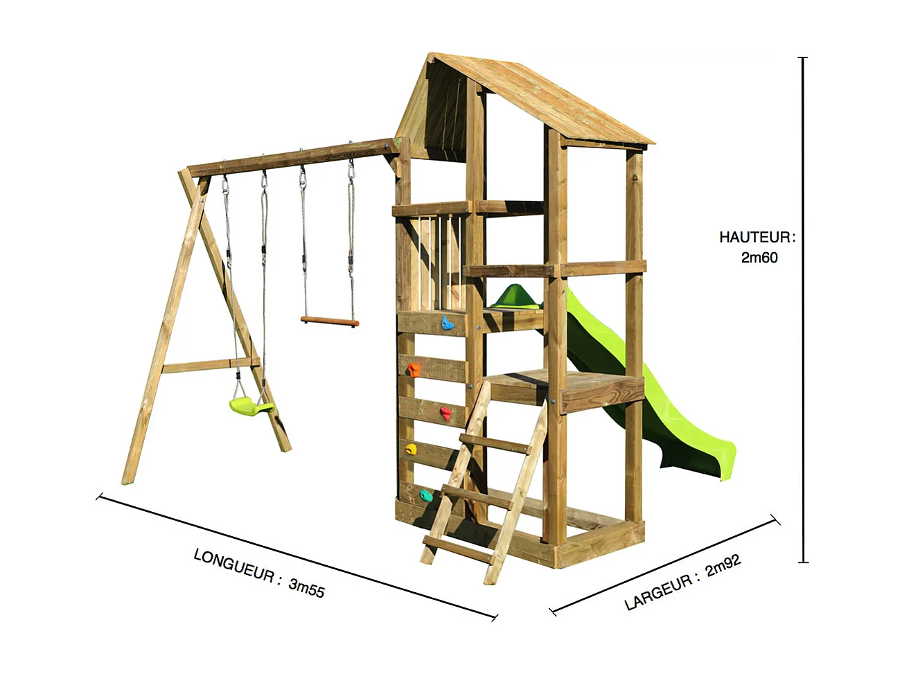 Kangui - Tour de jeux en bois avec double plateformes WOUPI - Balançoire, trapèze, mur d'escalade et cabane