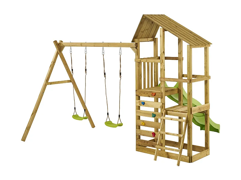 Kangui - Tour de jeux en bois avec double plateformes WOUPI - 2 Balançoires, mur d'escalade et cabane