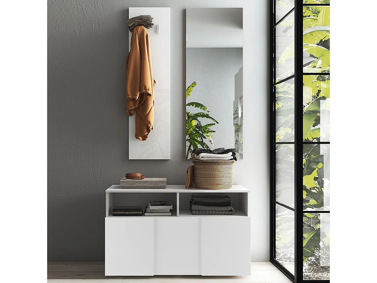 REBECCA - Meuble à chaussures + miroir + portemanteau muraux Blanc Laqué Relief Damiers