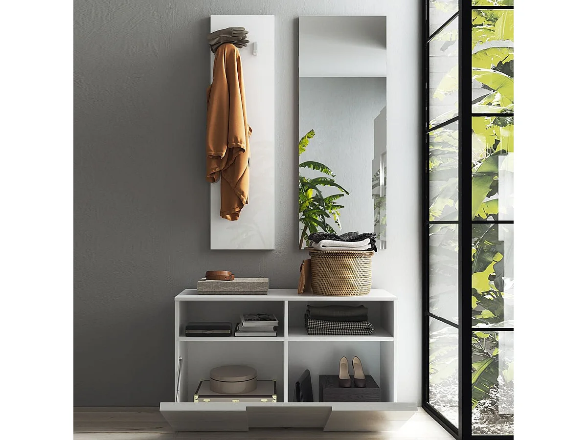 REBECCA - Meuble à chaussures + miroir + portemanteau muraux Blanc Laqué Relief Damiers