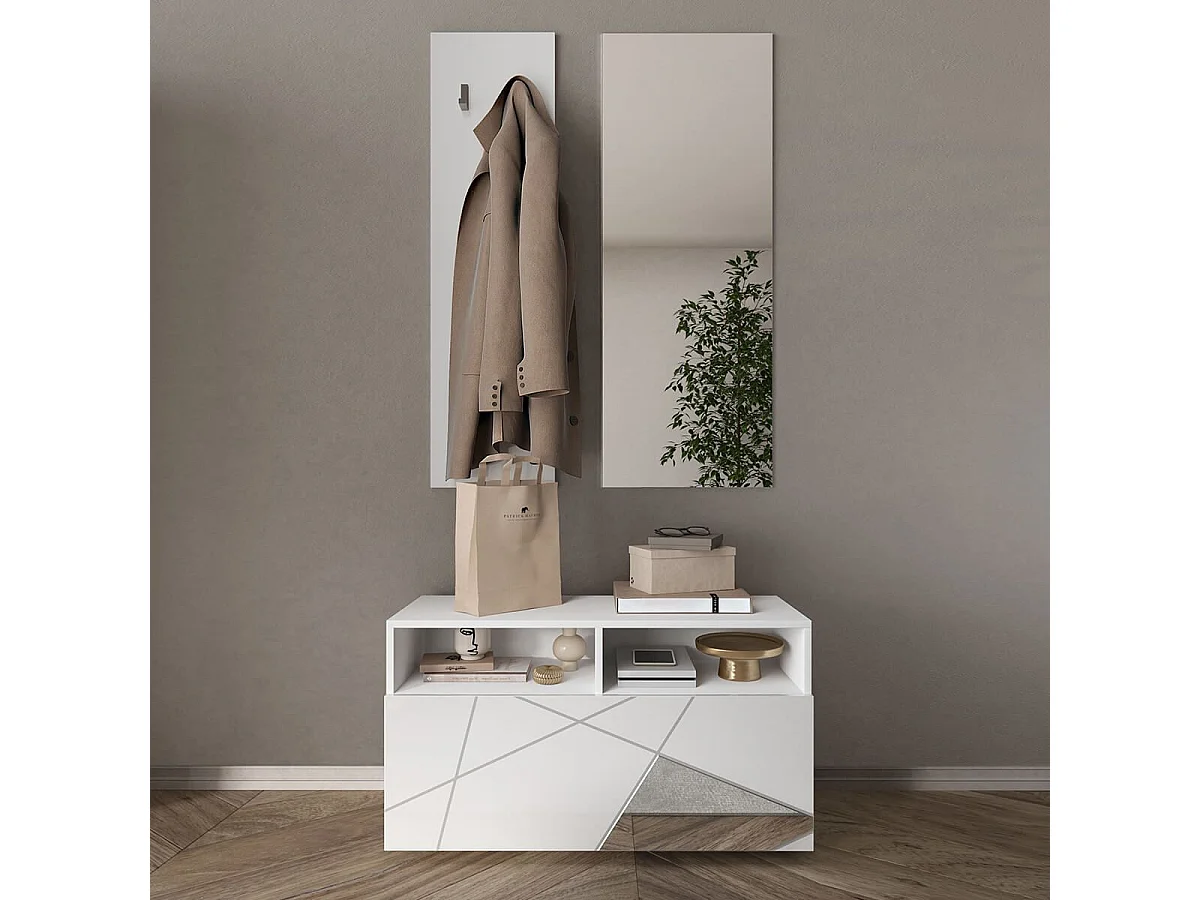 ORIANA - Meuble à chaussures + miroir + portemanteau muraux Blanc Laqué et Miroirs