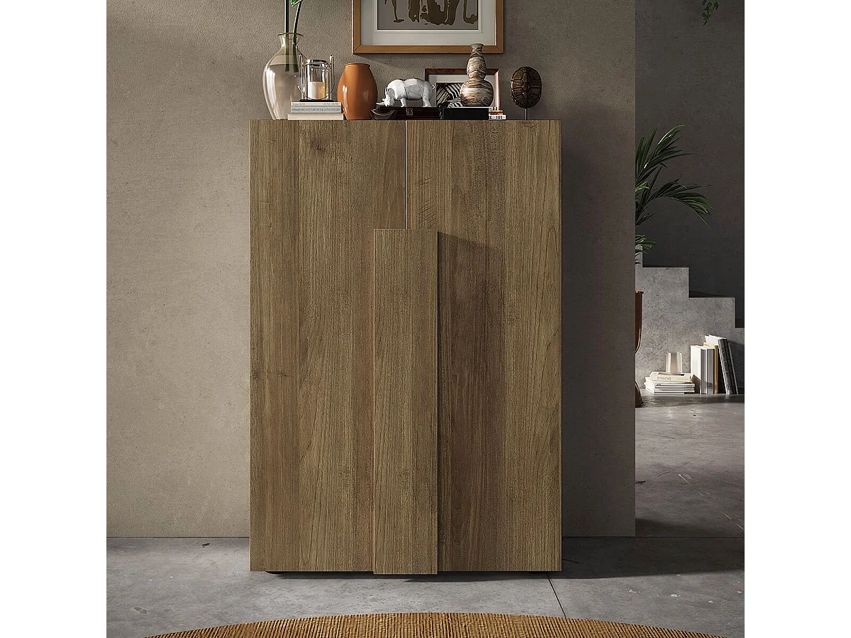 ZEUS - Meuble d'entrée 2 portes 4 étagères aspect bois finition mercure