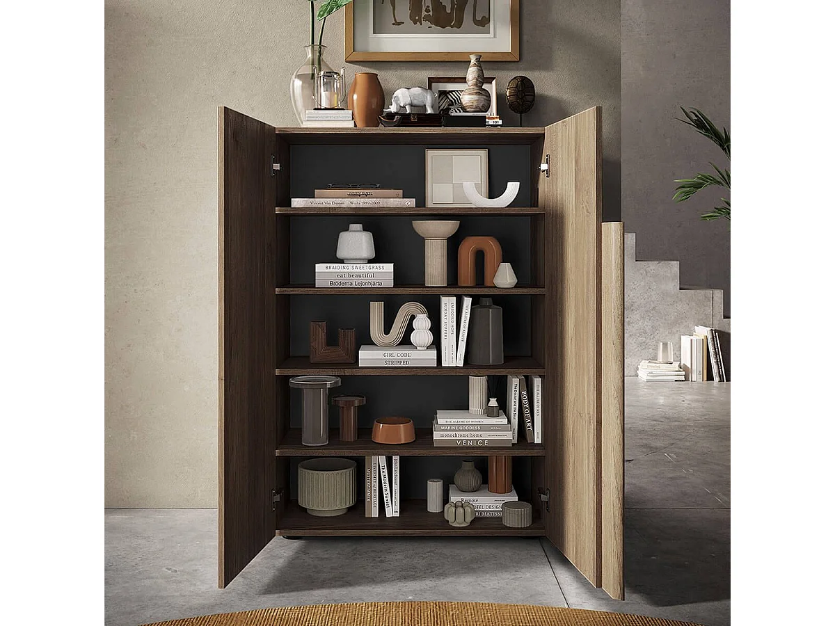 ZEUS - Meuble d'entrée 2 portes 4 étagères aspect bois finition mercure