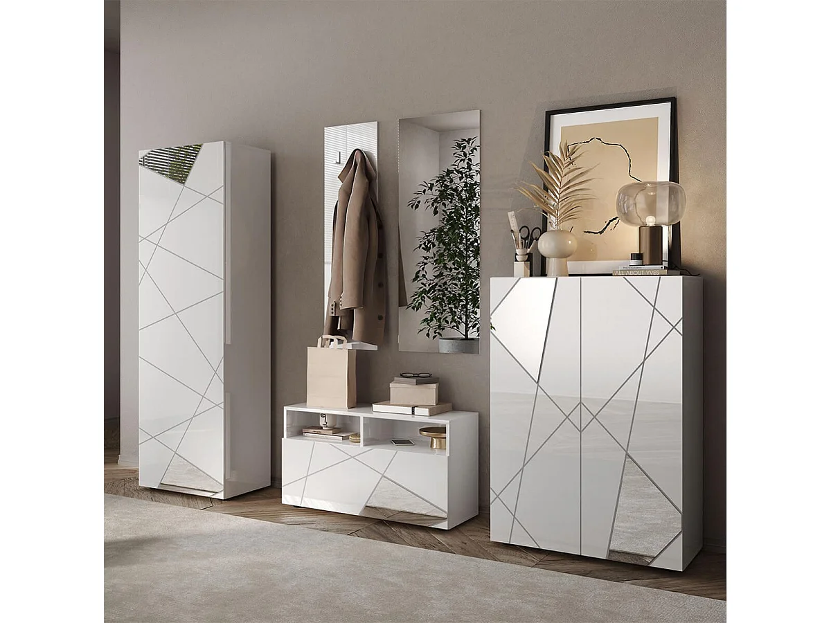 ORIANA - Meuble d'entrée 2 portes 4 étagères Blanc Laqué avec Sérigraphies et Miroirs