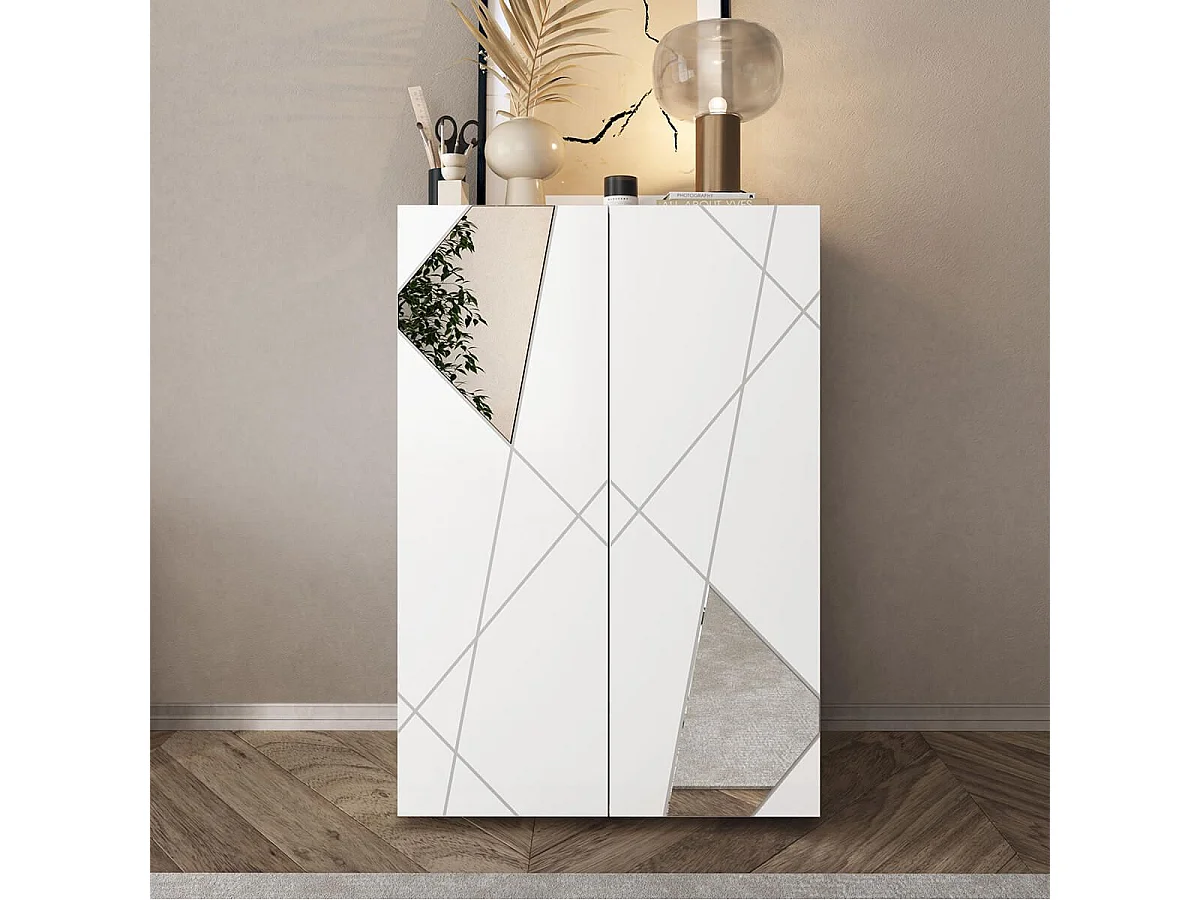 ORIANA - Meuble d'entrée 2 portes 4 étagères Blanc Laqué avec Sérigraphies et Miroirs