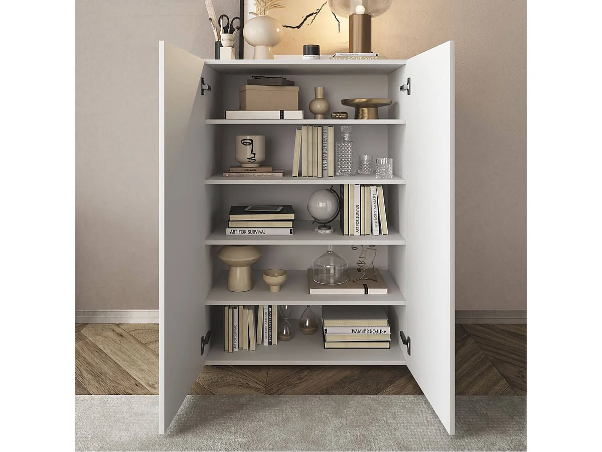 ORIANA - Meuble d'entrée 2 portes 4 étagères Blanc Laqué avec Sérigraphies et Miroirs