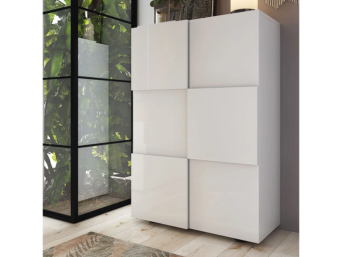 REBECCA - Meuble d'entrée 2 portes 4 étagères Blanc Laqué Weiss Relief Damiers