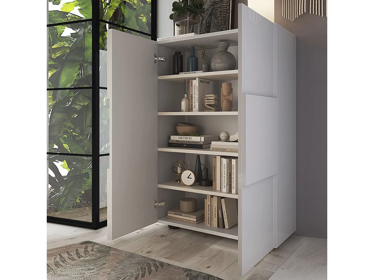 REBECCA - Meuble d'entrée 2 portes 4 étagères Blanc Laqué Weiss Relief Damiers