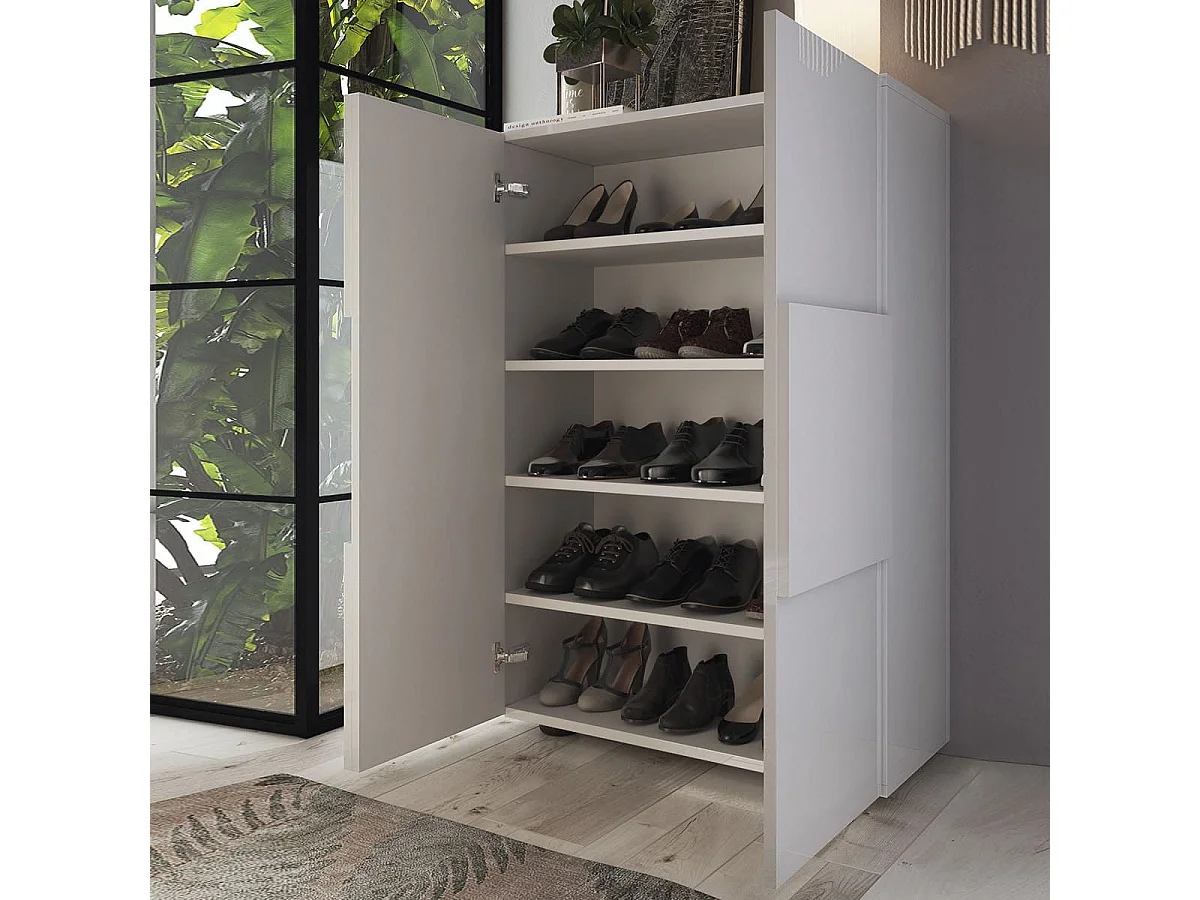 REBECCA - Meuble d'entrée 2 portes 4 étagères Blanc Laqué Weiss Relief Damiers