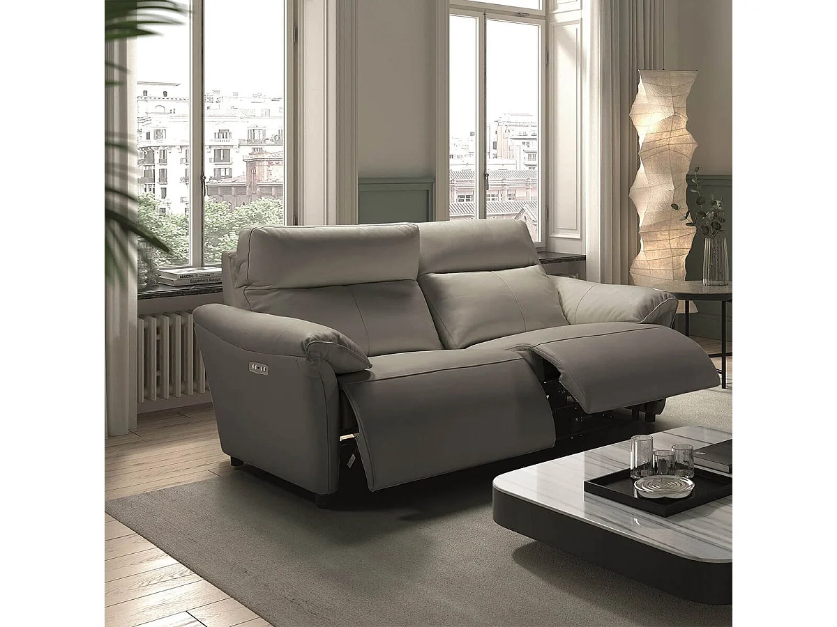 MAZARO - Canapé 3 Places Relax Electrique Cuir Gris éléphant