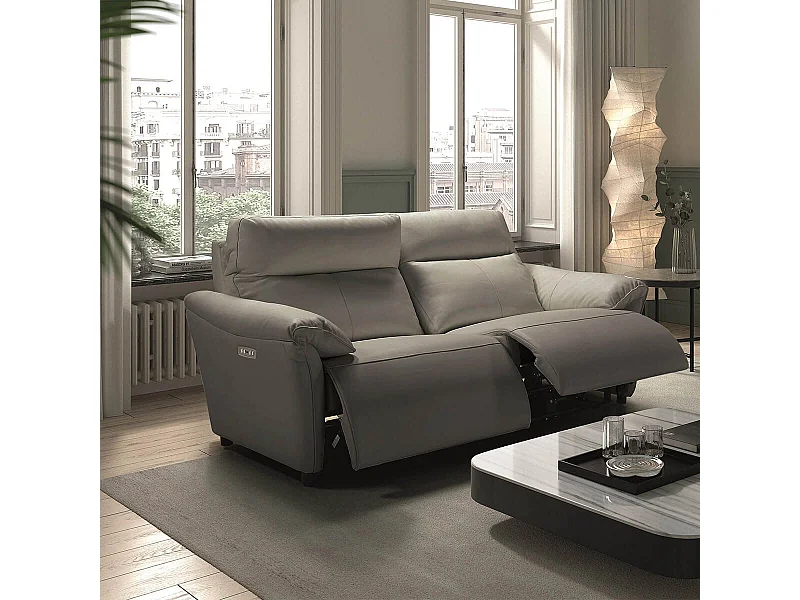 MAZARO - Canapé 3 Places Relax Electrique Cuir Gris éléphant
