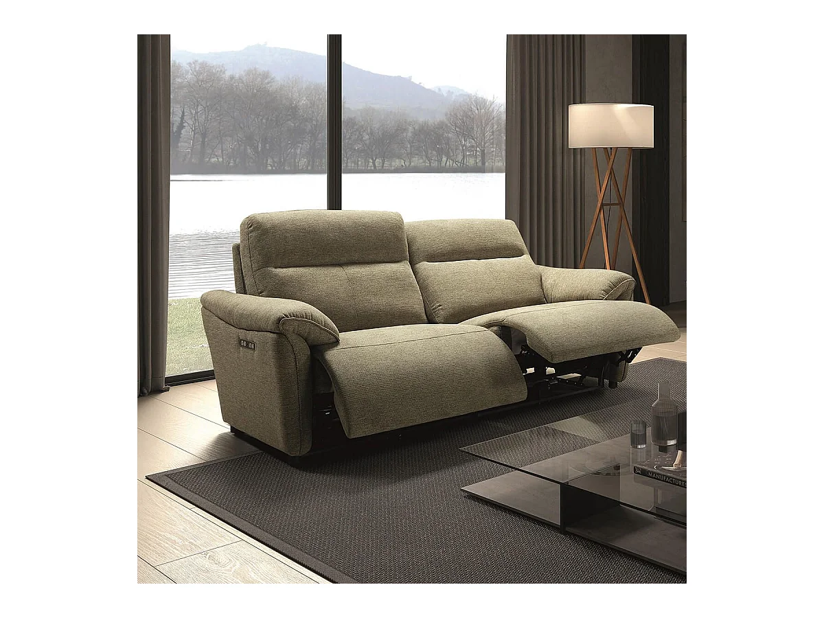 MAZARO - Canapé 3 Places Relax Electrique Tissu Vert Chiné