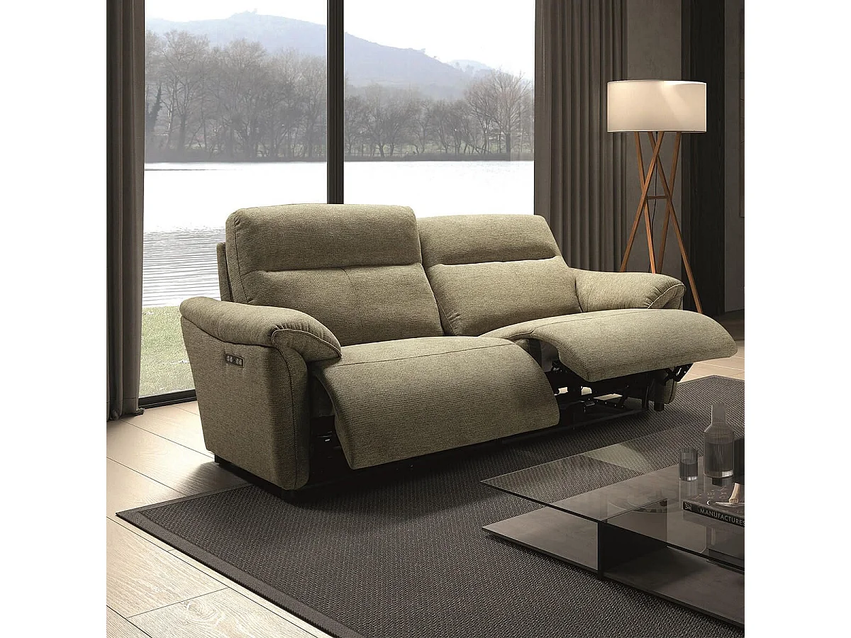 MAZARO - Canapé 3 Places Relax Electrique Tissu Vert Chiné