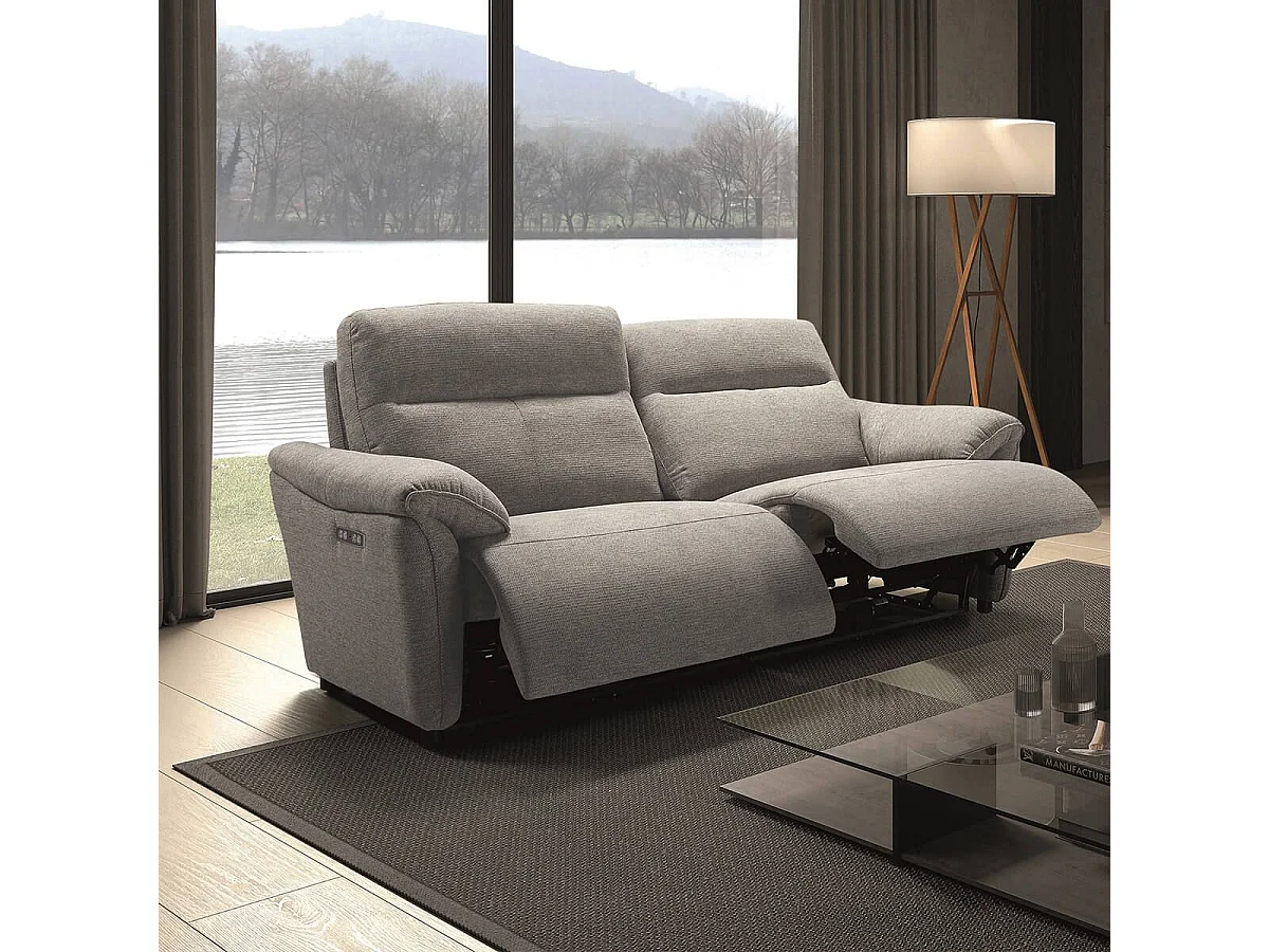 MAZARO - Canapé 3 Places Relax Electrique Tissu Gris Chiné